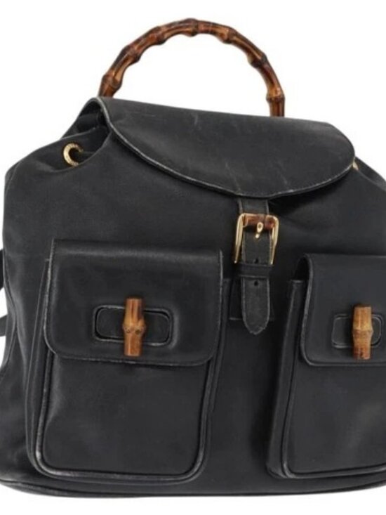 GUCCI Bamboo Backpack Leather Black Gold 003 main image 8